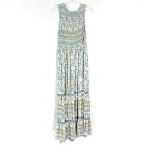Altar’d State Blue Mandala Floral Print Chiffon Maxi Floor Length Smocked Dress